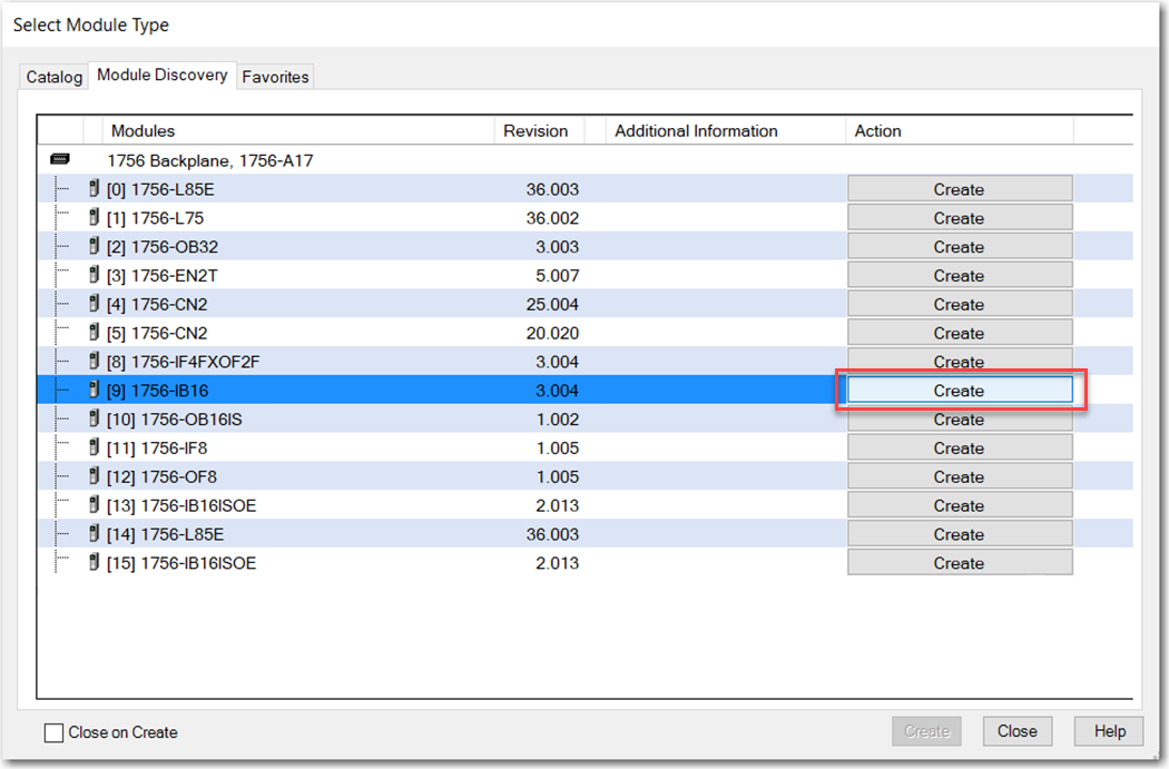 This image shows how to create a discovered 1756 I/O module in Logix Designer.