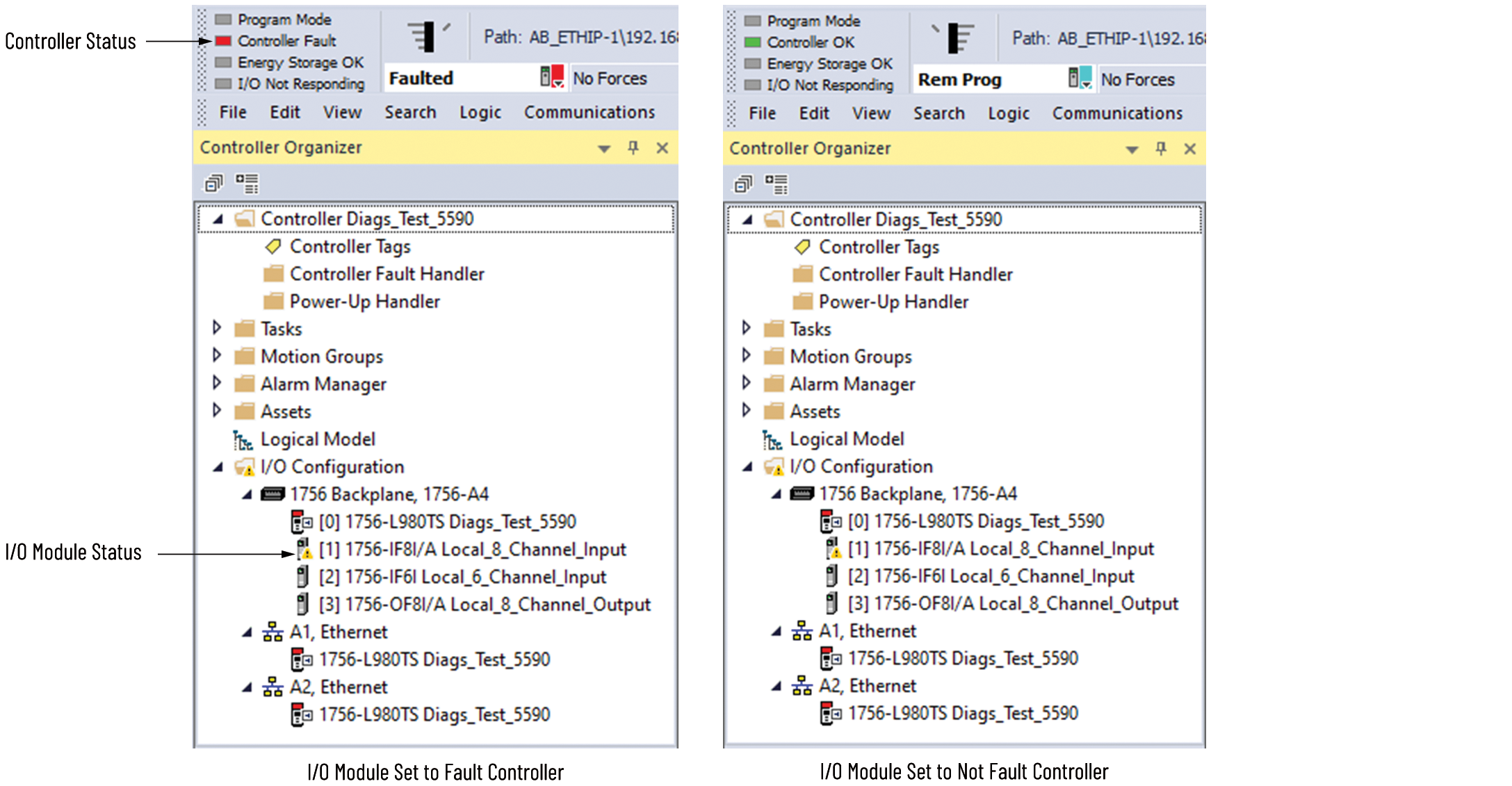 This image shows how to view an I/O fault on the controller.