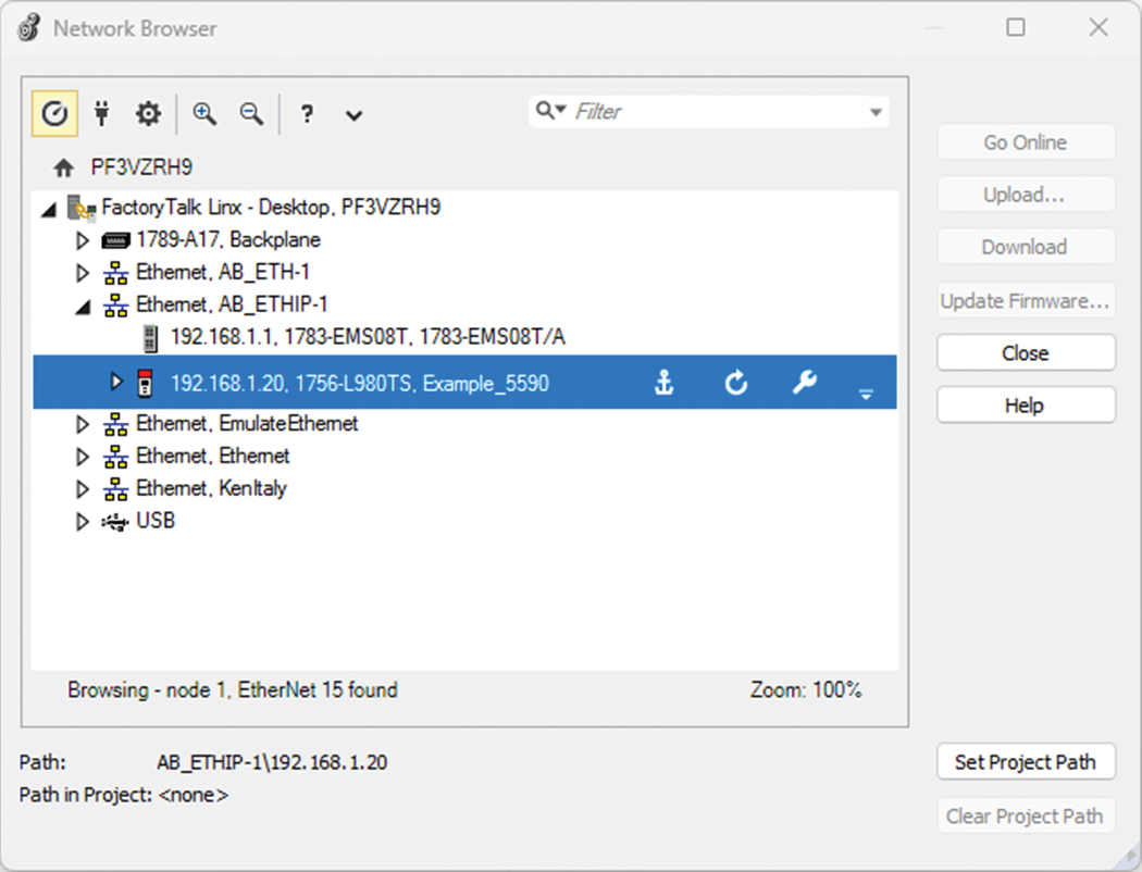 This image shows where to browse to a ControlLogix 5590 controller with the Network Browser.