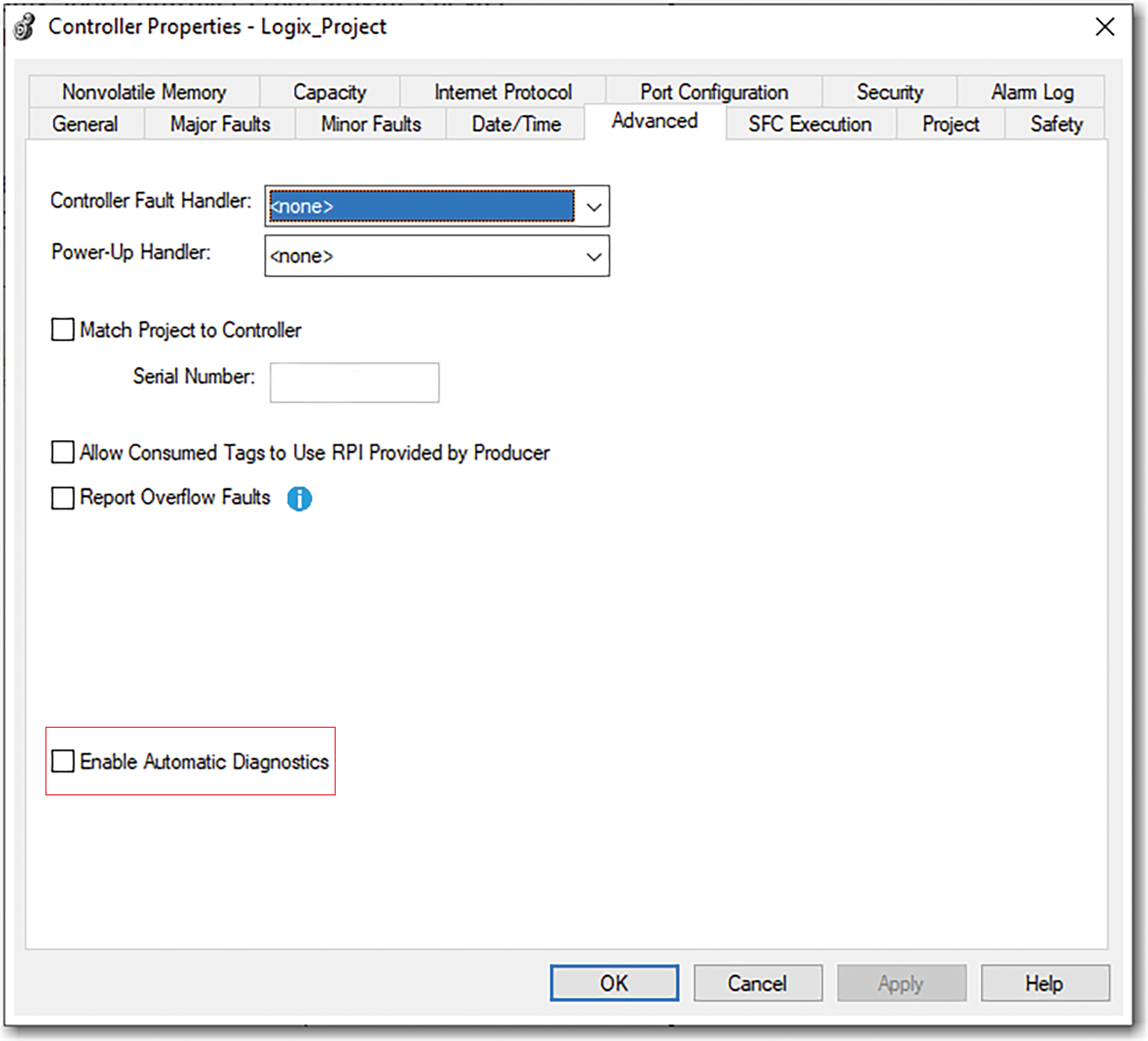 This image shows how to enable Automatic Diagnostics from the Controller Properties Advanced Tab.