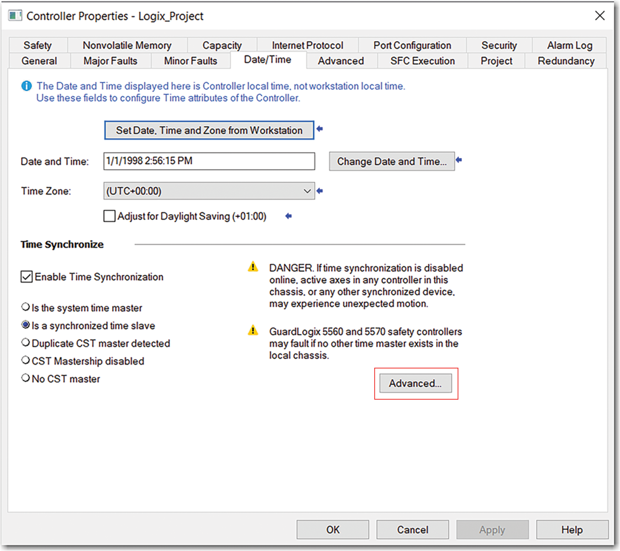 This image shows where the Advanced button is on the Controller Properties Date/Time tab.