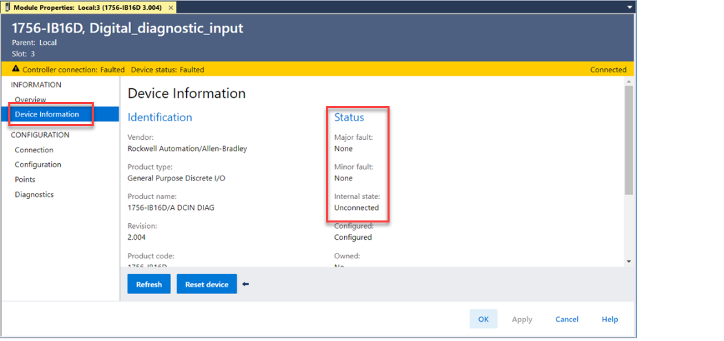 This image shows major/minor fault status on the Device Information category in Logix Designer.