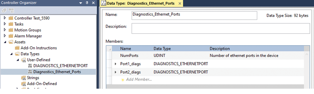 This image shows an example UDT for Ethernet Port diagnostics.