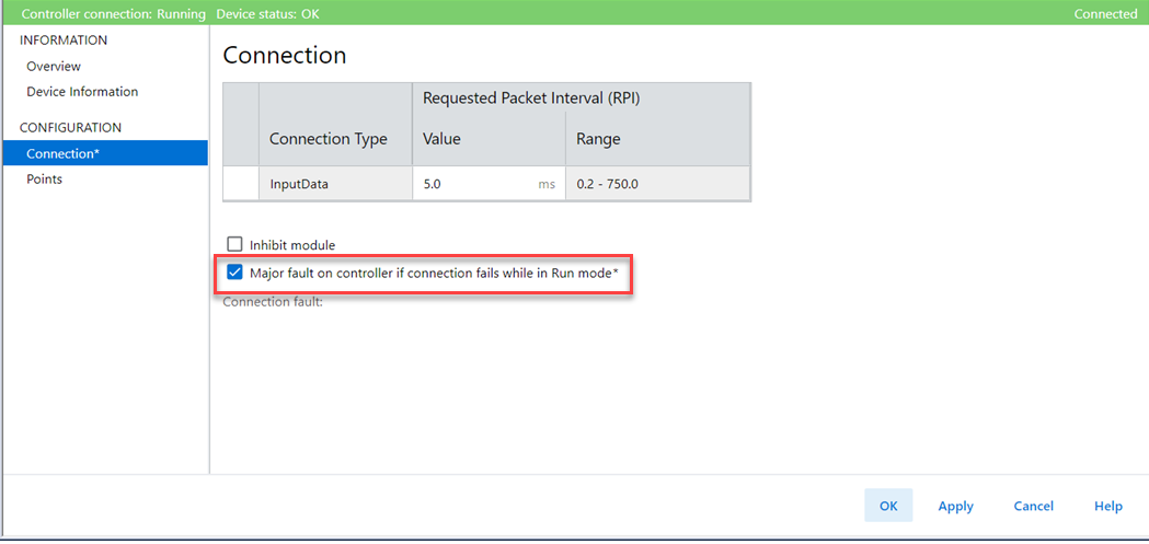 This image shows where to configure an I/O module fault to cause a major controller fault in Logix Designer.
