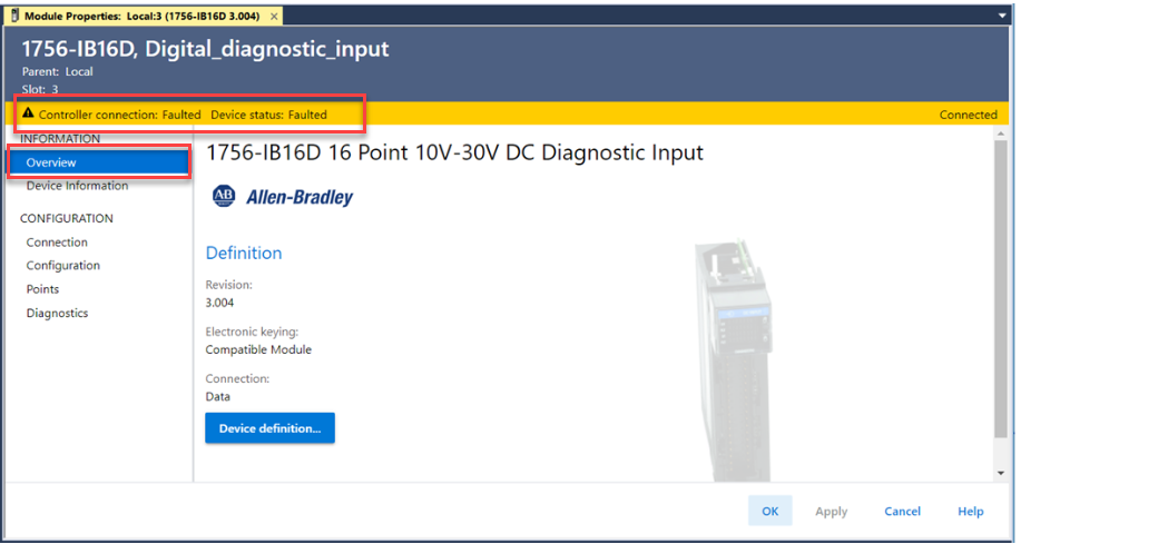 This image shows where an I/O fault is indicated on the Overview category.