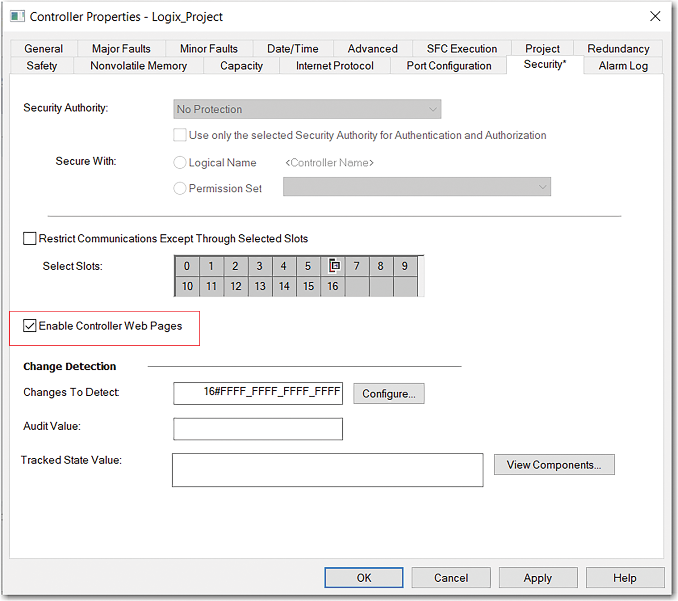 This image shows how to enable the controller webpages on the Controller Properties Security Tab.