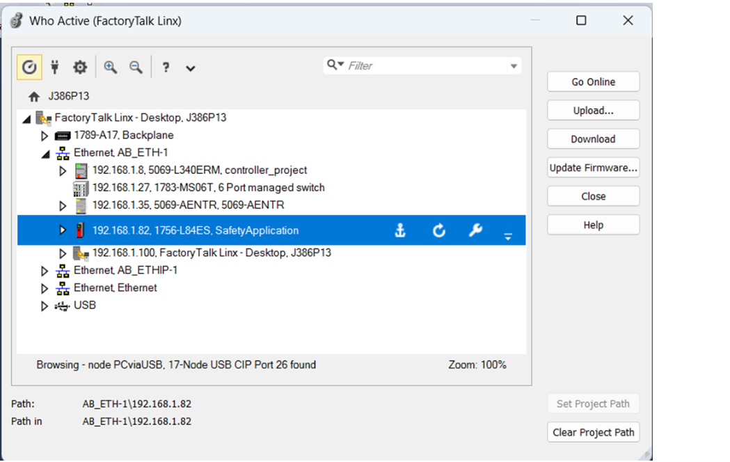 This image shows where to browse to a GuardLogix 5580 controller on Who Active.