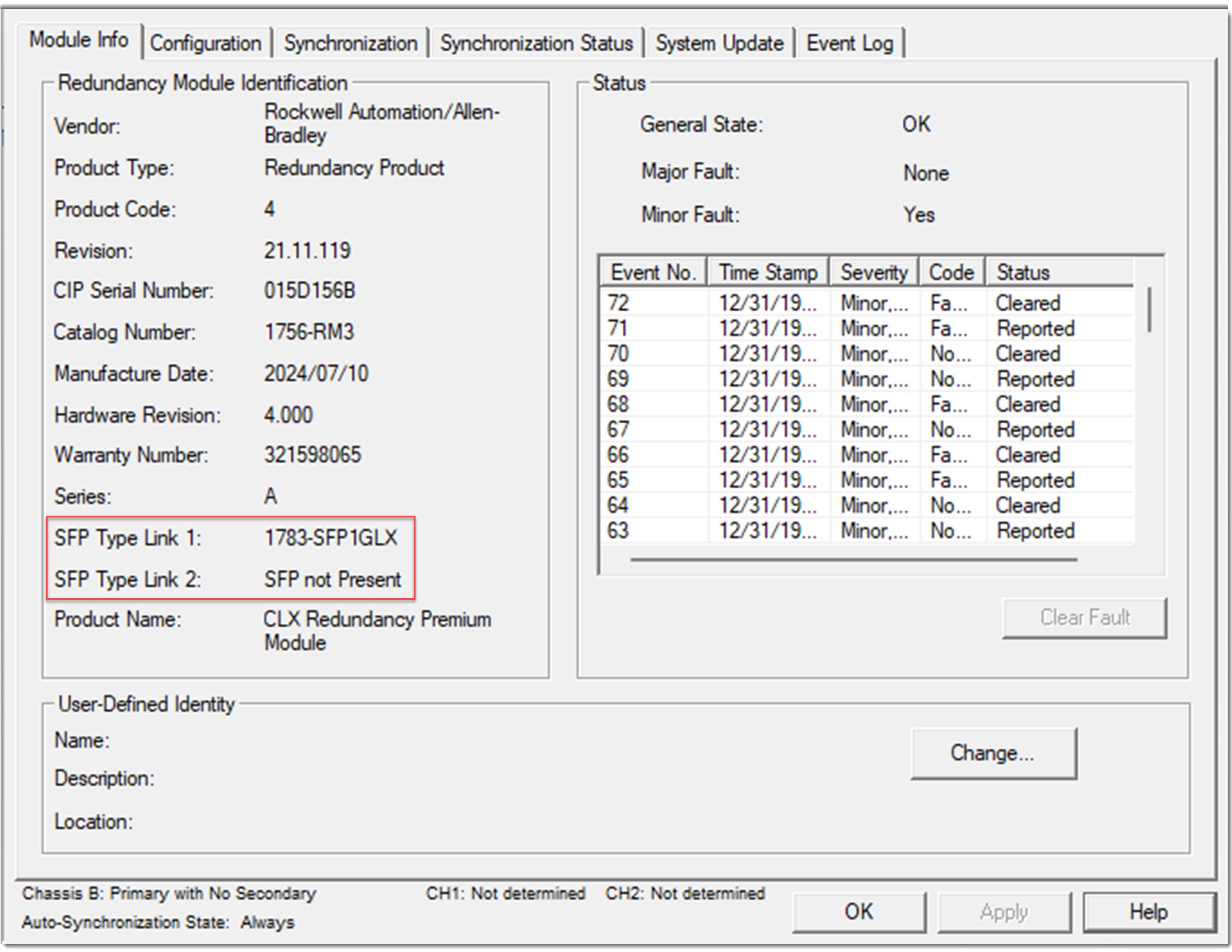 SFP Type Link 1 and SFP Type Link 2 fields on the Module Info tab