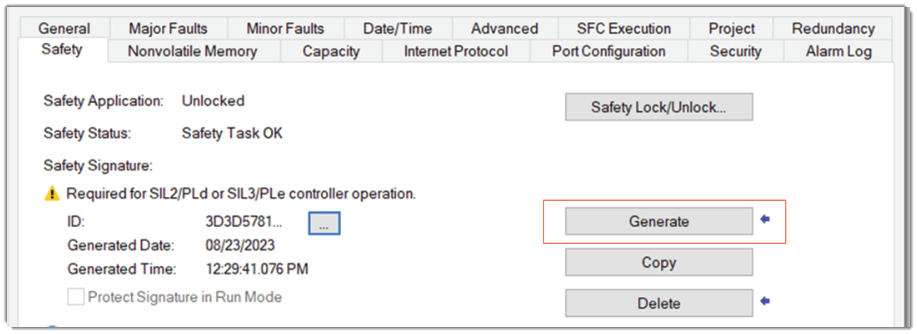 Generate button on Safety tab