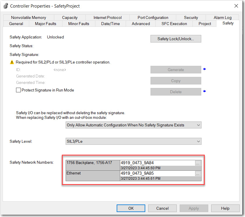 Example safety network number for a safety controller