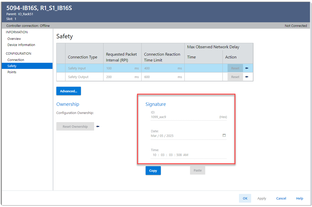 Safety I/O configuration signature