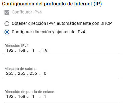Configuraciones IP para el controlador B