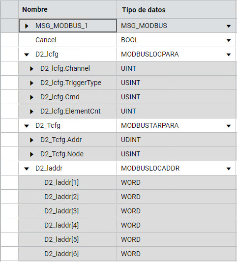 Imagen que muestra las opciones de variable para MSG_MODBUS para leer datos de estado de una unidad PowerFlex 40