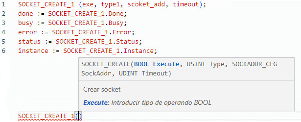 Ejemplo de texto estructurado SOCKET_CREATE