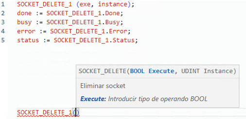 Ejemplo de texto estructurado SOCKET_DELETE