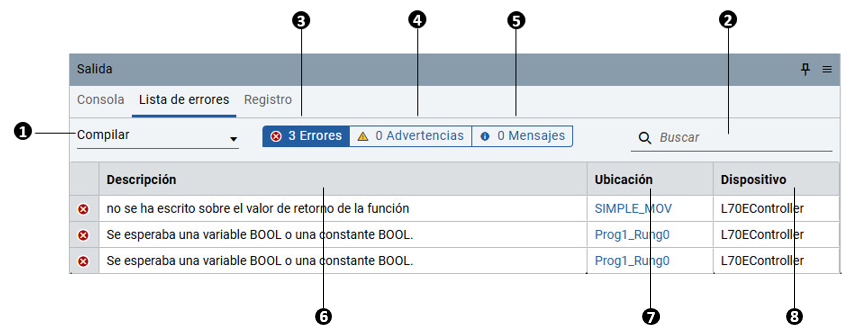 Página Lista de errores