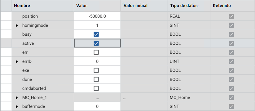 Tabla que muestra los resultados MC_Home con columnas para nombre, valor, valor inicial, tipo de datos y estado retenido.