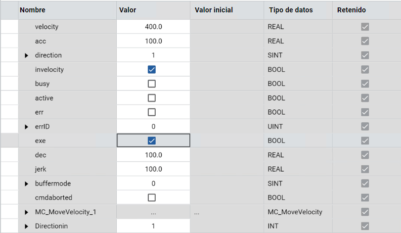 Tabla que muestra los resultados de MC_MoveVelocity con columnas para nombre, valor, valor inicial, tipo de datos y estado retenido.
