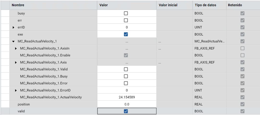 Tabla que muestra los resultados del bloque de función MC_ReadActualVelocity, incluidos los valores, los valores iniciales, los tipos de datos y el estado retenido.