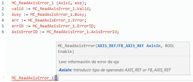 Ejemplo de texto estructurado MC_ReadAxisError