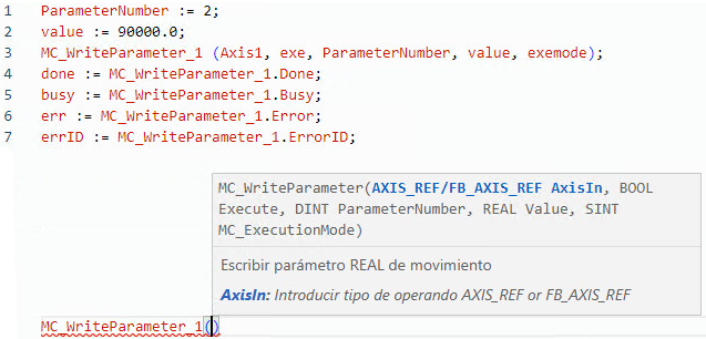 Ejemplo de texto estructurado MC_WriteParameter