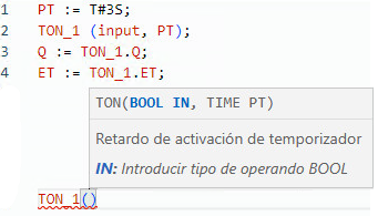Ejemplo de texto estructurado del bloque de funciones TON con detalles de c&oacute;digo y detalles de la descripci&oacute;n emergente.