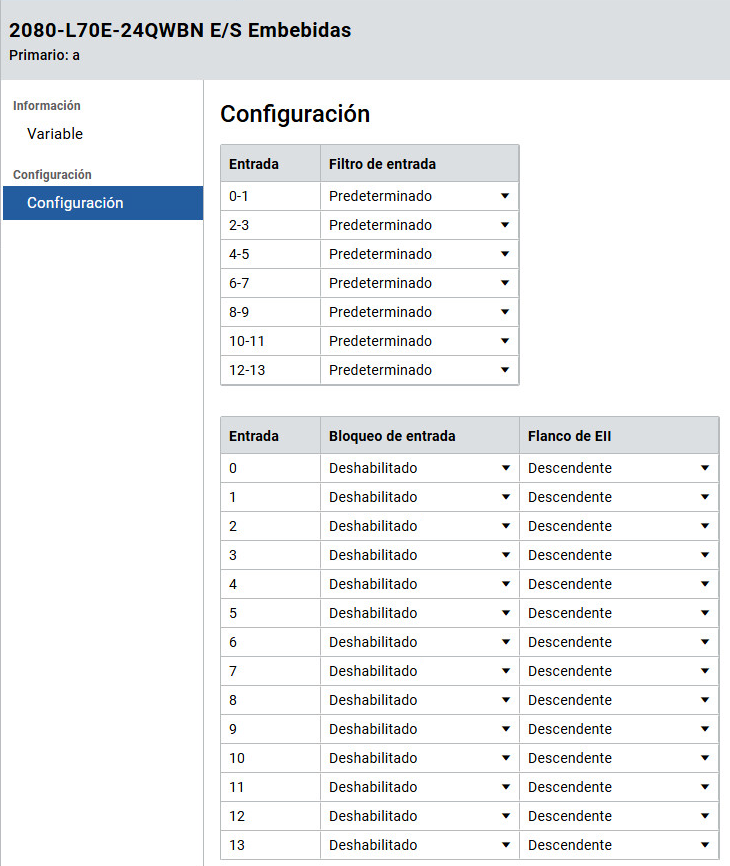 Página de configuración de E/S incorporadas
