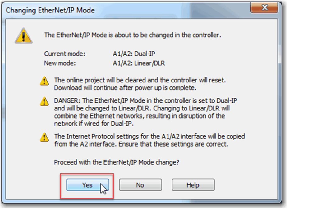 Esta imagen muestra d&oacute;nde hacer clic en Yes para cambiar el modo EtherNet/IP en Logix Designer.