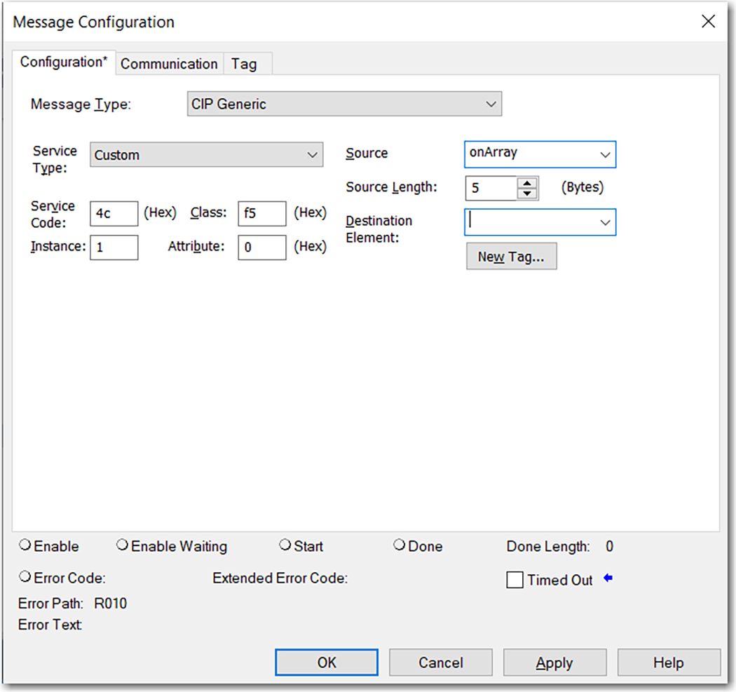 Esta imagen muestra la configuraci&oacute;n de MSG para habilitar SNMP en un controlador en Logix Designer.