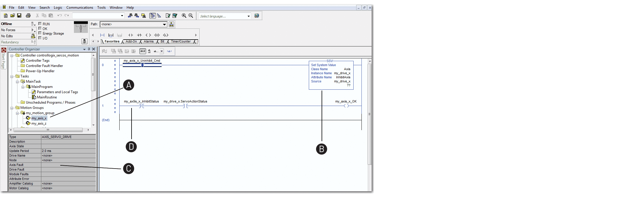 Ejemplo de un proyecto en la aplicación Studio 5000 Logix Designer que muestra Controller Organizer, la lógica de escalera y el panel QuickView.