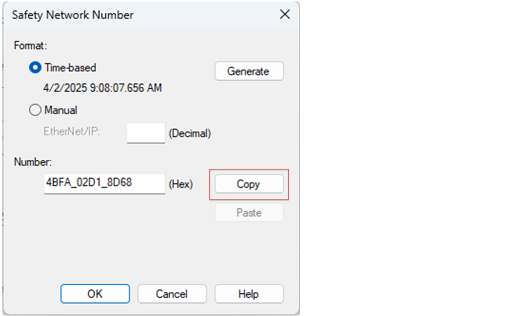 Esta imagen muestra dónde hacer clic para copiar el SNN en Logix Designer.