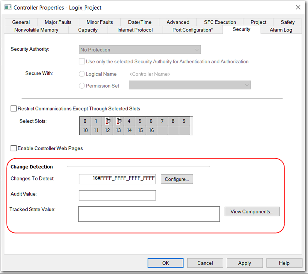 Esta imagen muestra la sección Change Detection de Controller Properties en Logix Designer.