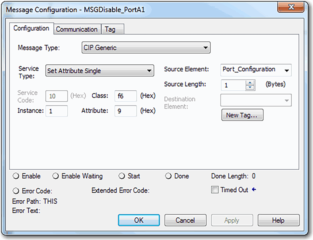 Esta imagen muestra el cuadro de di&aacute;logo MSG Configuration para inhabilitar un puerto Ethernet del controlador en Logix Designer.