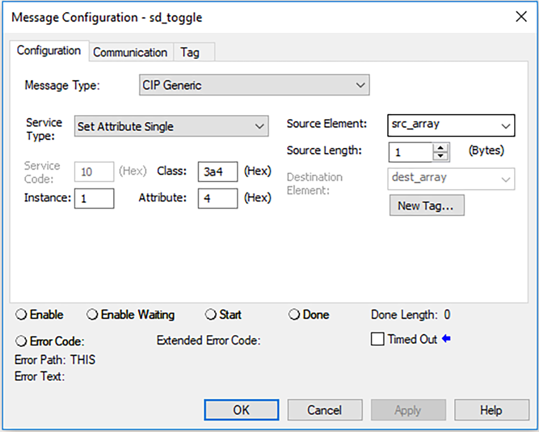 Esta imagen muestra c&oacute;mo definir la configuraci&oacute;n en un MSG para inhabilitar la tarjeta SD de un controlador en Logix Designer.