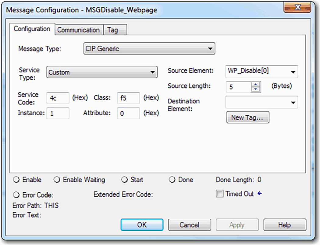 Esta imagen muestra c&oacute;mo configurar la configuraci&oacute;n en un MSG para inhabilitar la p&aacute;gina web de un controlador en Logix Designer.