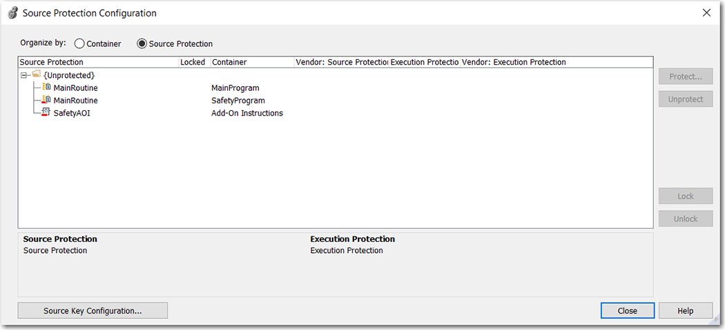 Esta imagen muestra el cuadro de diálogo Source Protection Configuration en Logix Designer.