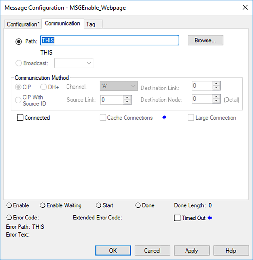 Esta imagen muestra c&oacute;mo configurar la comunicaci&oacute;n en un MSG para habilitar la p&aacute;gina web de un controlador en Logix Designer.