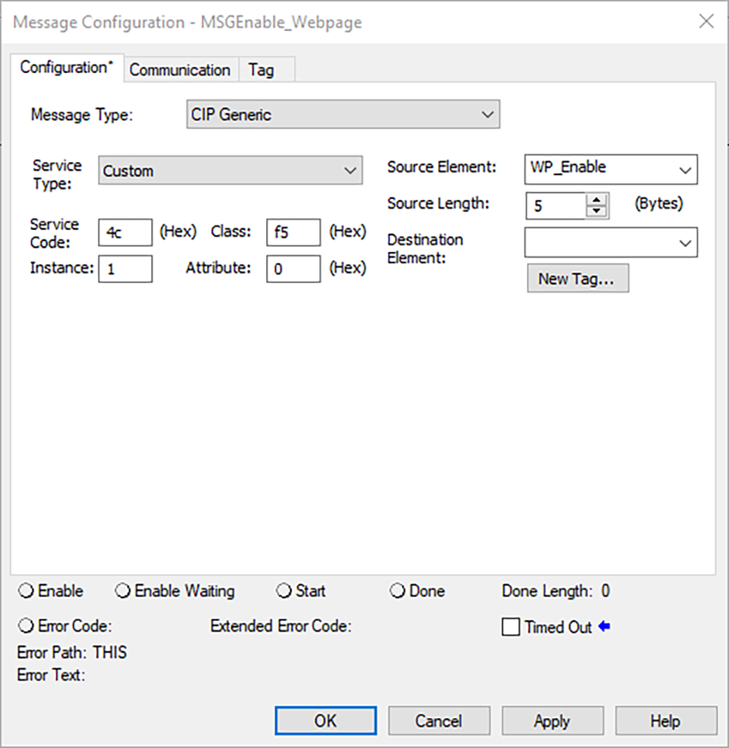 Esta imagen muestra c&oacute;mo configurar la configuraci&oacute;n en un MSG para habilitar la p&aacute;gina web de un controlador en Logix Designer.
