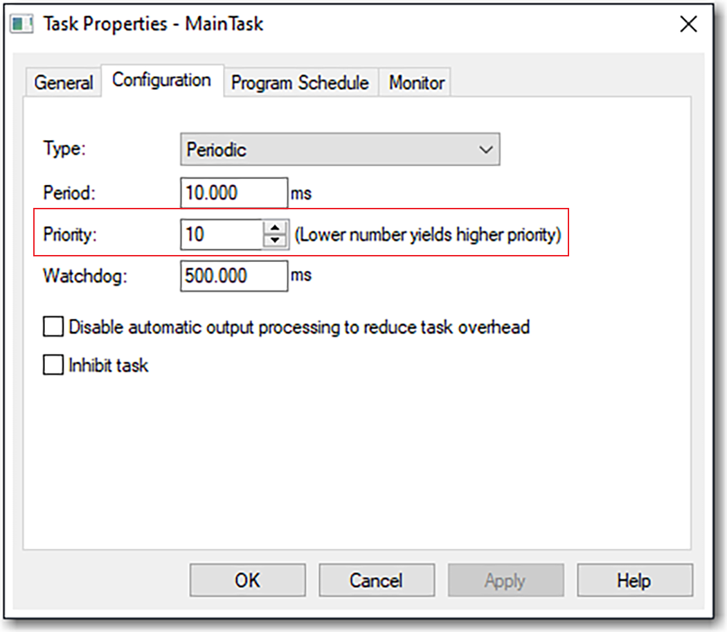 Esta imagen muestra cómo configurar la prioridad de tarea en el cuadro de diálogo Task Properties.