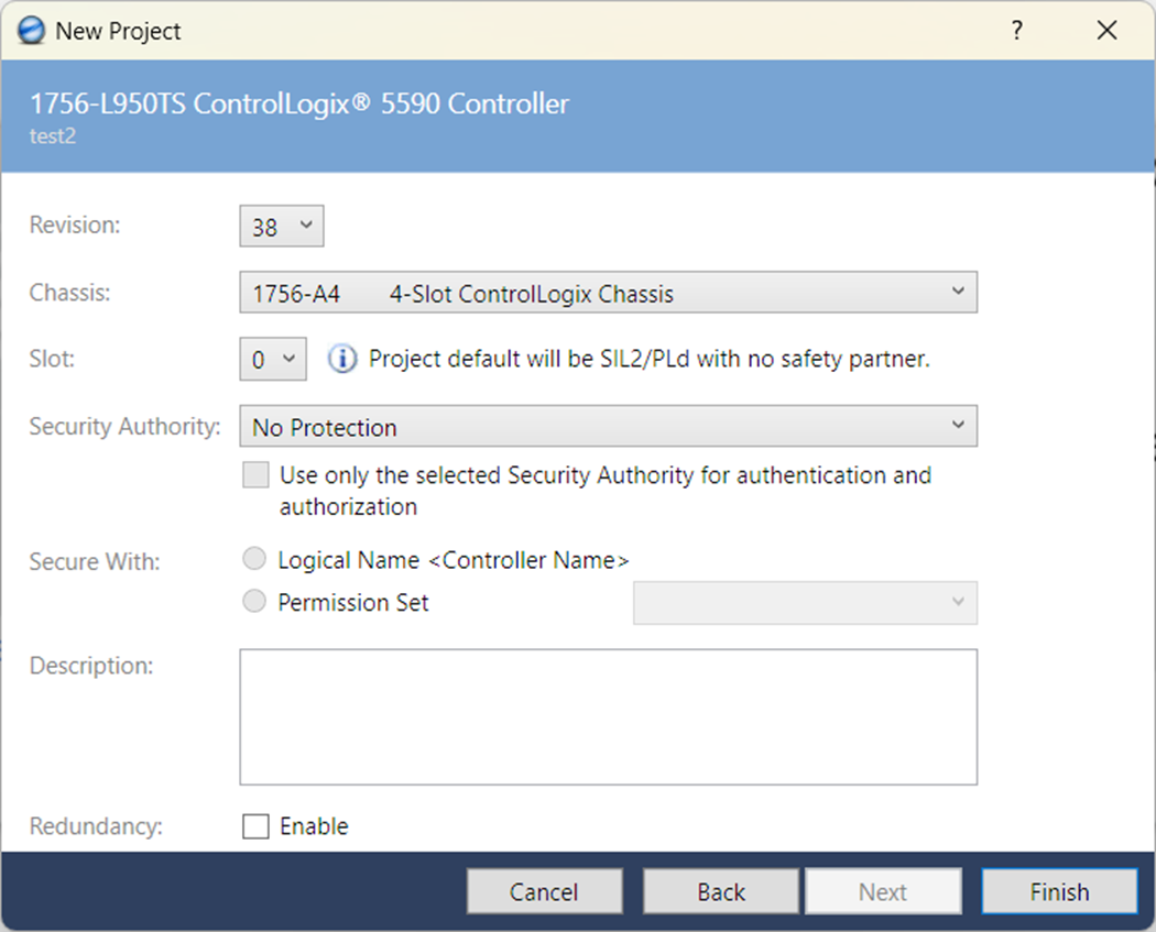 Esta imagen muestra d&oacute;nde finalizar un nuevo proyecto ControlLogix 5590 en Logix Designer.
