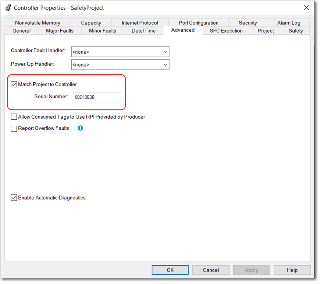 Esta imagen muestra d&oacute;nde habilitar la coincidencia del proyecto con el controlador en Logix Designer.