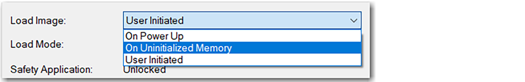 Esta imagen muestra las opciones para el ajuste de imagen de carga de memoria en Logix Designer.