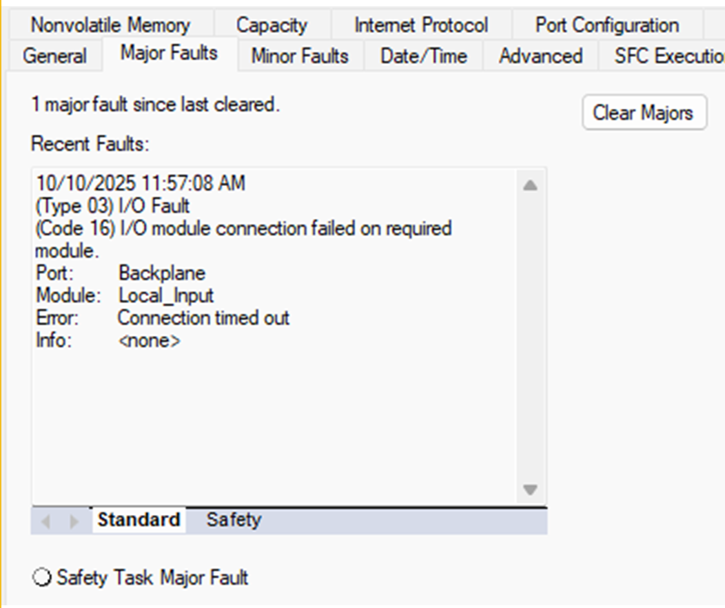 Esta imagen muestra la ficha Major Faults en el cuadro de diálogo Controller Properties.