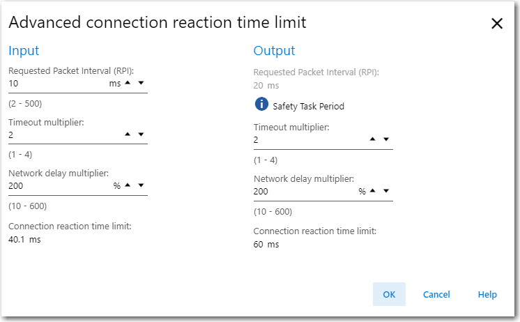 Cuadro de diálogo Advanced Connection Reaction Time Limit
