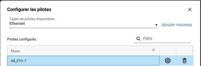 Boîte de dialogue Configurer les pilotes - Ajouter un appareil Ethernet