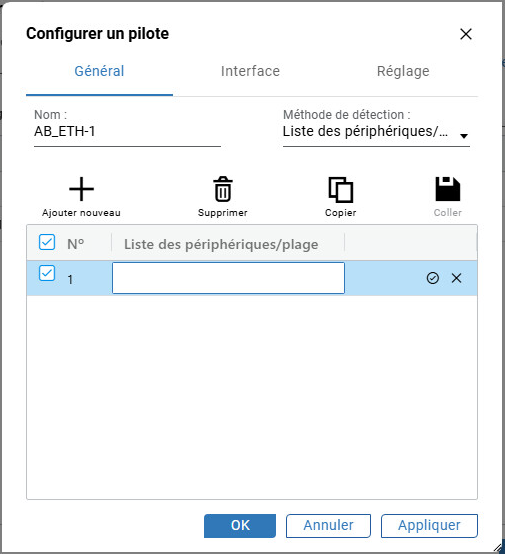 Boîte de dialogue Configurer le pilote