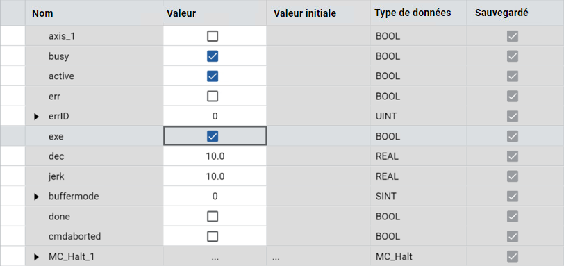 Tableau affichant les résultats du bloc de fonctions MC_Halt avec les noms, les valeurs, les valeurs initiales, les types de données et l'état de conservation.