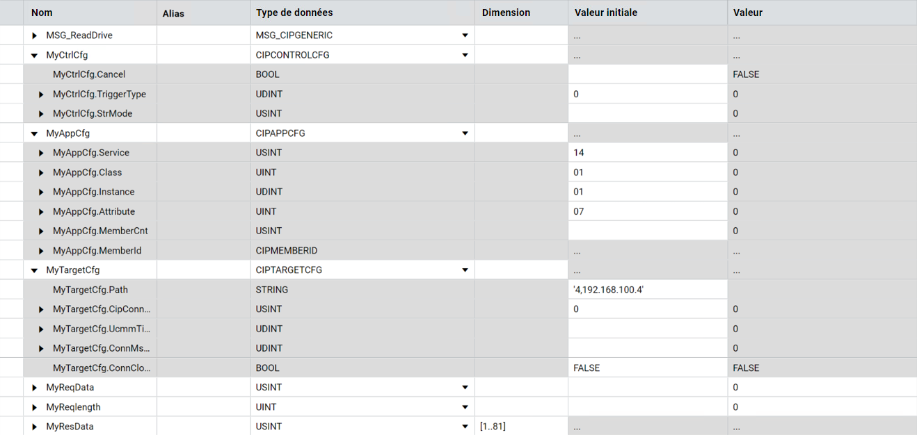 Aspect de la grille des variables après la définition de la valeur initiale