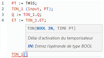 Exemple de texte structuré du bloc de fonctions TON avec détails sur le code et les info-bulles.