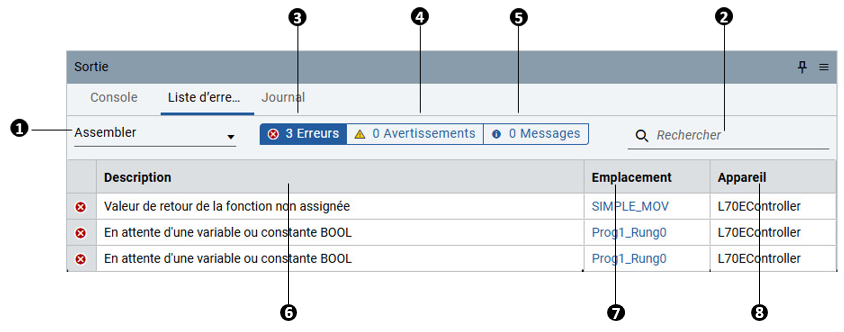Page Liste d’erreurs